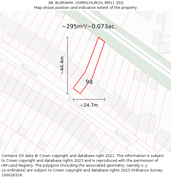 98, BURNWAY, HORNCHURCH, RM11 3SQ: Plot and title map