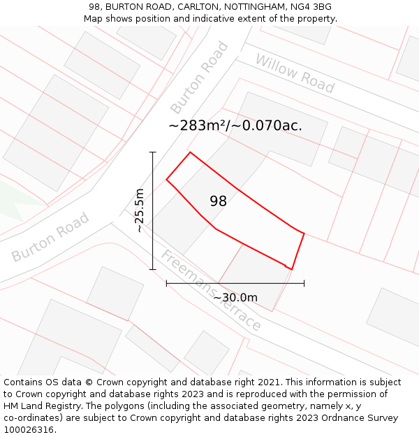 98, BURTON ROAD, CARLTON, NOTTINGHAM, NG4 3BG: Plot and title map