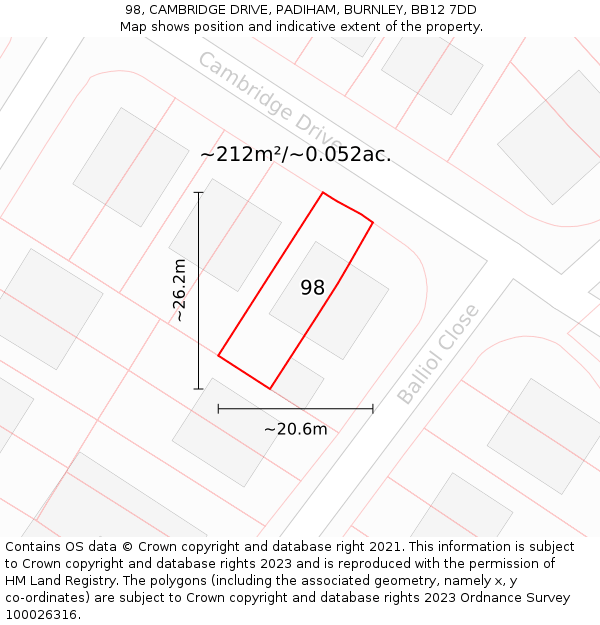 98, CAMBRIDGE DRIVE, PADIHAM, BURNLEY, BB12 7DD: Plot and title map