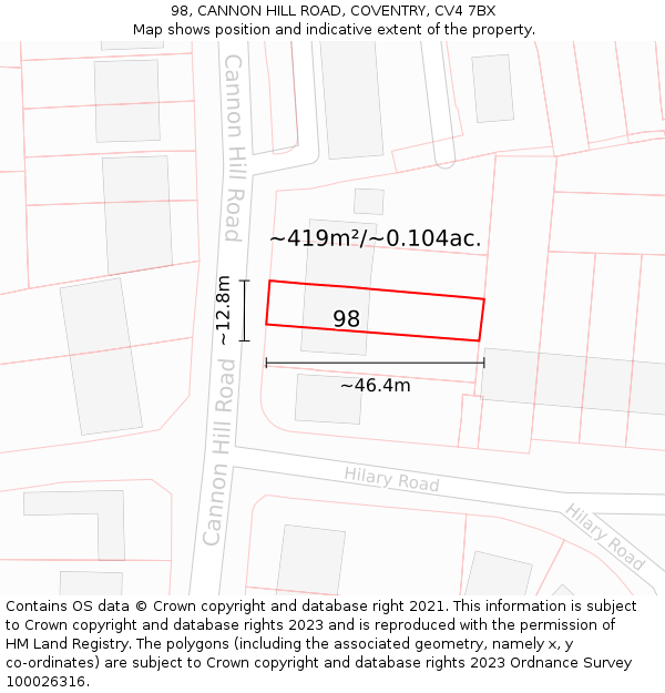 98, CANNON HILL ROAD, COVENTRY, CV4 7BX: Plot and title map