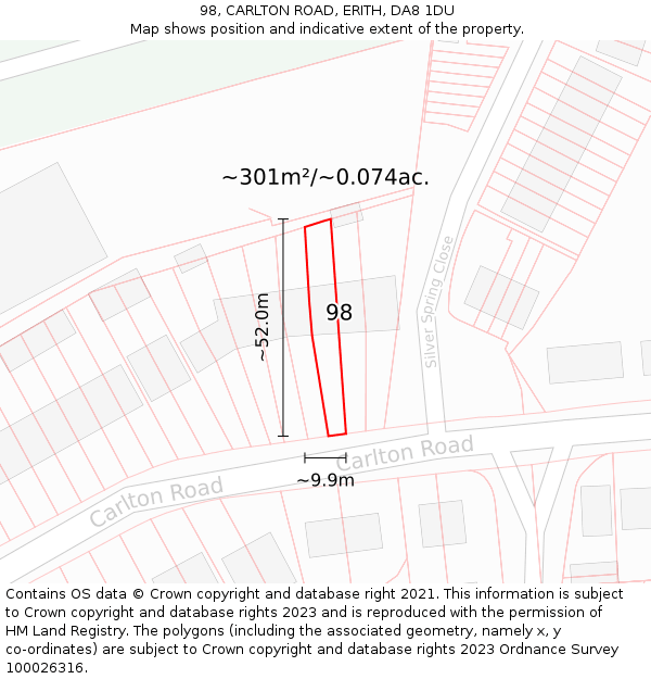 98, CARLTON ROAD, ERITH, DA8 1DU: Plot and title map