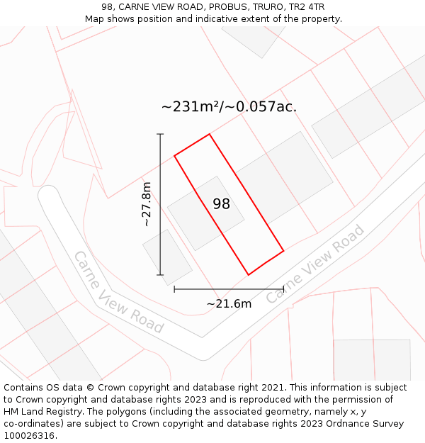 98, CARNE VIEW ROAD, PROBUS, TRURO, TR2 4TR: Plot and title map