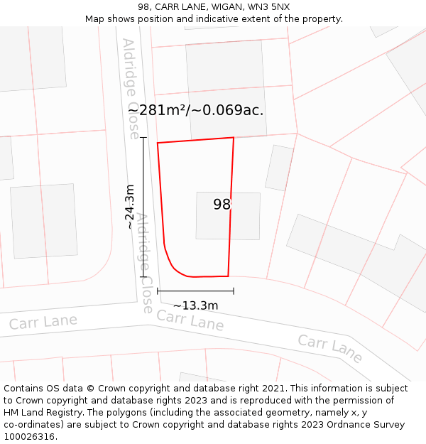 98, CARR LANE, WIGAN, WN3 5NX: Plot and title map
