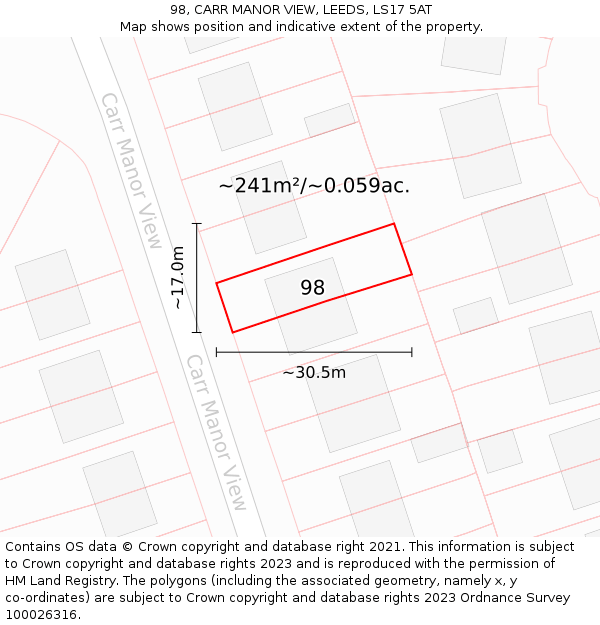 98, CARR MANOR VIEW, LEEDS, LS17 5AT: Plot and title map