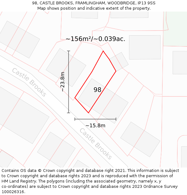 98, CASTLE BROOKS, FRAMLINGHAM, WOODBRIDGE, IP13 9SS: Plot and title map