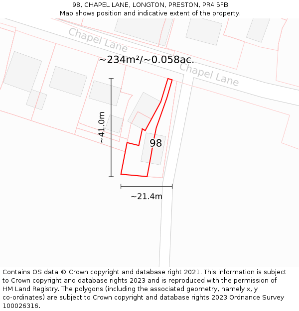98, CHAPEL LANE, LONGTON, PRESTON, PR4 5FB: Plot and title map