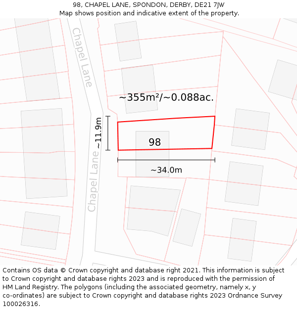 98, CHAPEL LANE, SPONDON, DERBY, DE21 7JW: Plot and title map