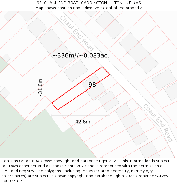 98, CHAUL END ROAD, CADDINGTON, LUTON, LU1 4AS: Plot and title map