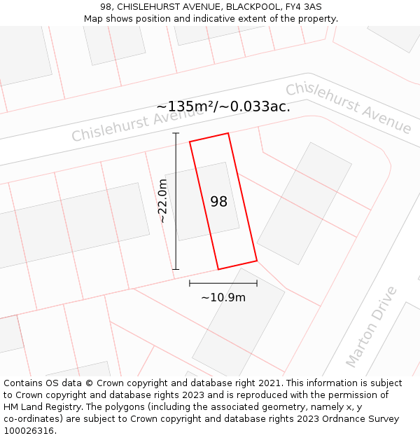 98, CHISLEHURST AVENUE, BLACKPOOL, FY4 3AS: Plot and title map