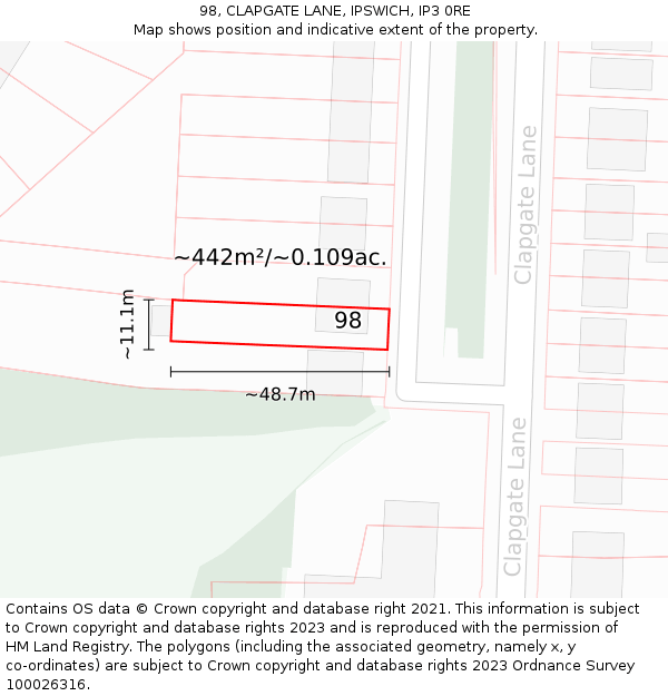 98, CLAPGATE LANE, IPSWICH, IP3 0RE: Plot and title map