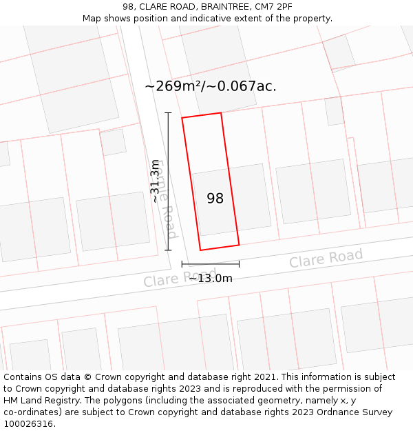 98, CLARE ROAD, BRAINTREE, CM7 2PF: Plot and title map
