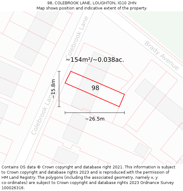 98, COLEBROOK LANE, LOUGHTON, IG10 2HN: Plot and title map