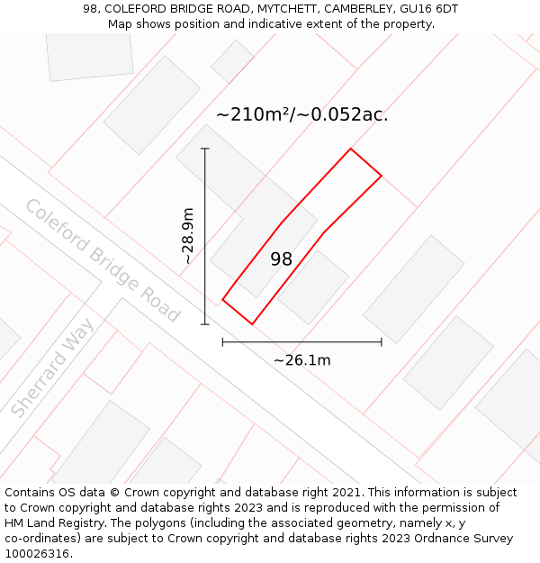 98, COLEFORD BRIDGE ROAD, MYTCHETT, CAMBERLEY, GU16 6DT: Plot and title map