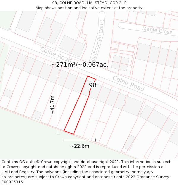 98, COLNE ROAD, HALSTEAD, CO9 2HP: Plot and title map
