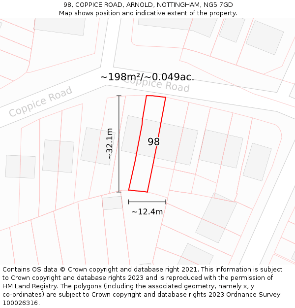 98, COPPICE ROAD, ARNOLD, NOTTINGHAM, NG5 7GD: Plot and title map