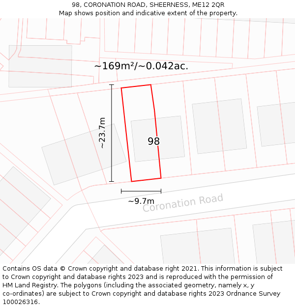 98, CORONATION ROAD, SHEERNESS, ME12 2QR: Plot and title map