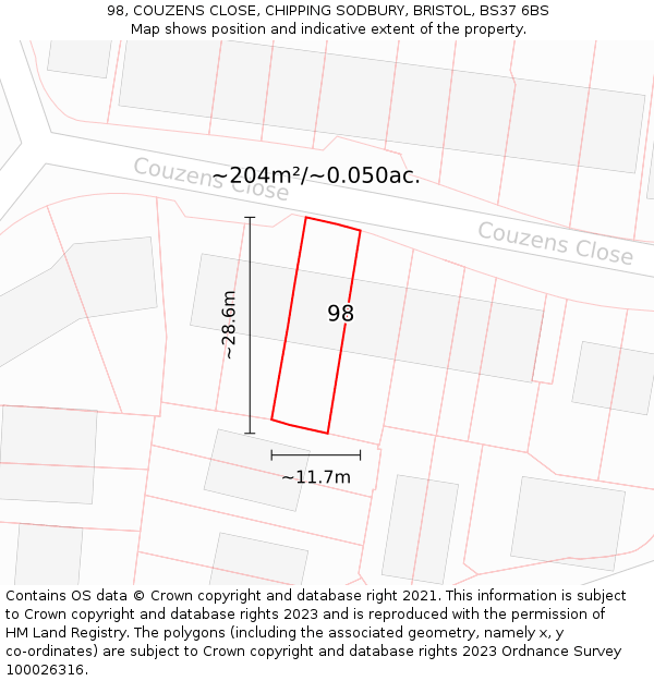 98, COUZENS CLOSE, CHIPPING SODBURY, BRISTOL, BS37 6BS: Plot and title map