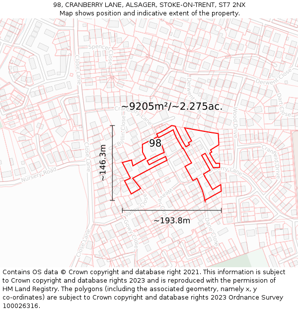 98, CRANBERRY LANE, ALSAGER, STOKE-ON-TRENT, ST7 2NX: Plot and title map
