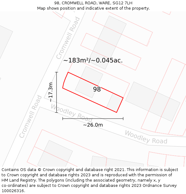 98, CROMWELL ROAD, WARE, SG12 7LH: Plot and title map