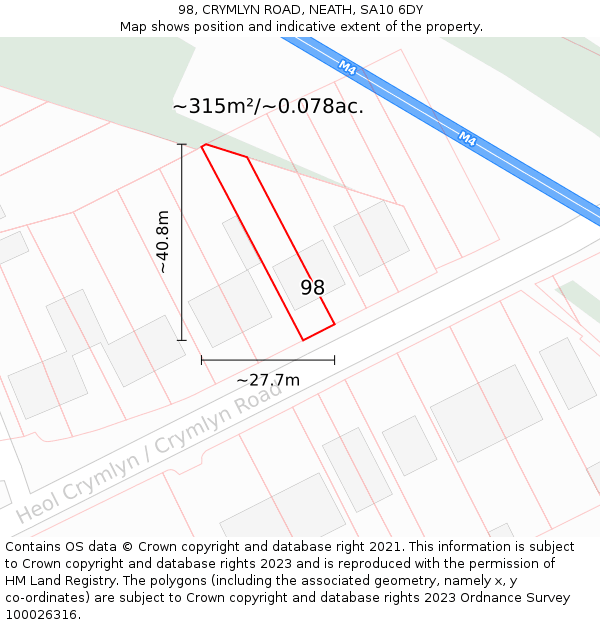 98, CRYMLYN ROAD, NEATH, SA10 6DY: Plot and title map