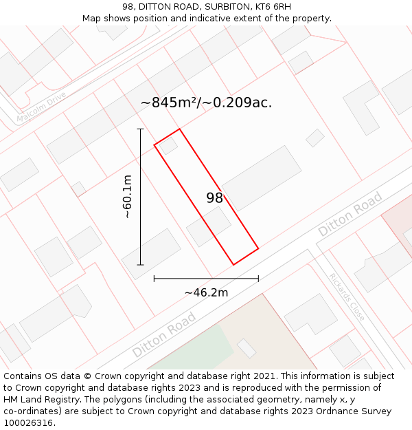 98, DITTON ROAD, SURBITON, KT6 6RH: Plot and title map