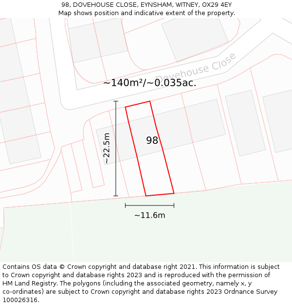 98, DOVEHOUSE CLOSE, EYNSHAM, WITNEY, OX29 4EY: Plot and title map
