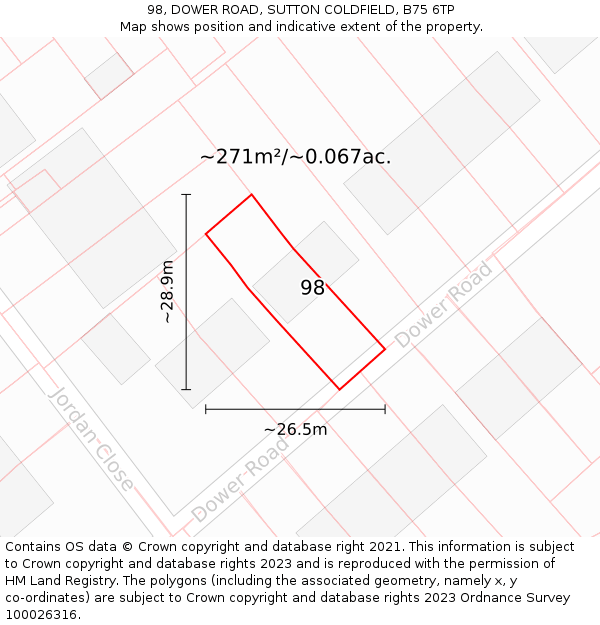 98, DOWER ROAD, SUTTON COLDFIELD, B75 6TP: Plot and title map