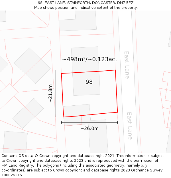 98, EAST LANE, STAINFORTH, DONCASTER, DN7 5EZ: Plot and title map