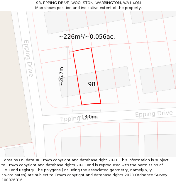 98, EPPING DRIVE, WOOLSTON, WARRINGTON, WA1 4QN: Plot and title map