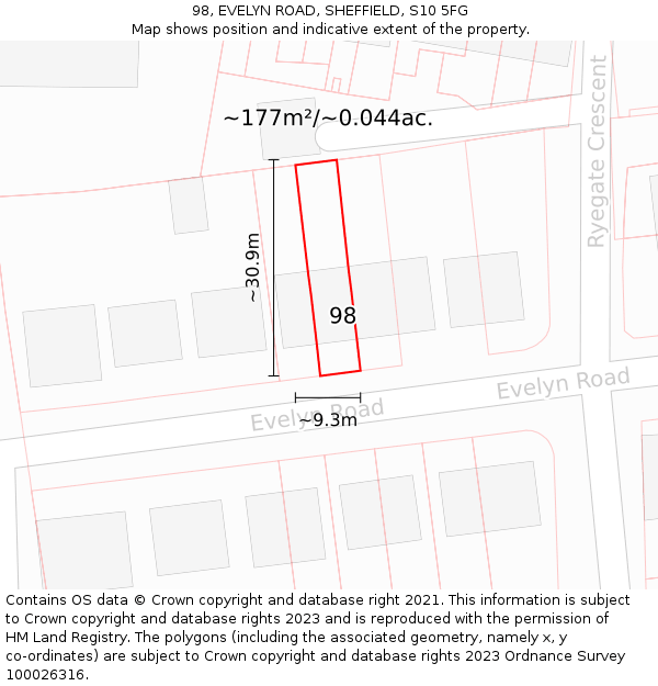98, EVELYN ROAD, SHEFFIELD, S10 5FG: Plot and title map