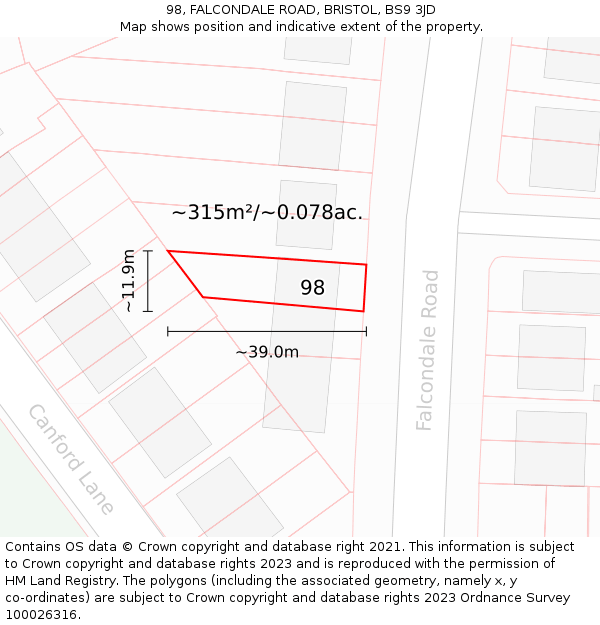 98, FALCONDALE ROAD, BRISTOL, BS9 3JD: Plot and title map