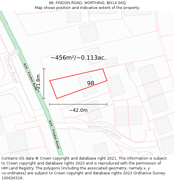 98, FINDON ROAD, WORTHING, BN14 0AQ: Plot and title map