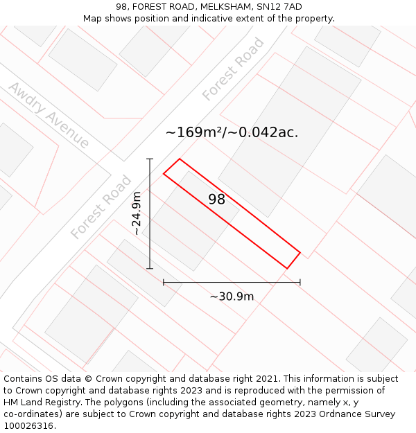 98, FOREST ROAD, MELKSHAM, SN12 7AD: Plot and title map