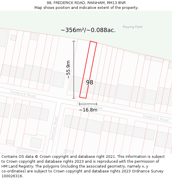 98, FREDERICK ROAD, RAINHAM, RM13 8NR: Plot and title map
