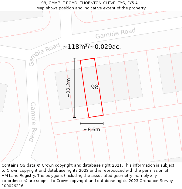 98, GAMBLE ROAD, THORNTON-CLEVELEYS, FY5 4JH: Plot and title map