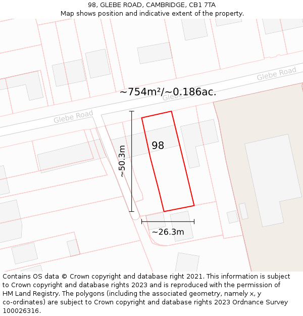 98, GLEBE ROAD, CAMBRIDGE, CB1 7TA: Plot and title map