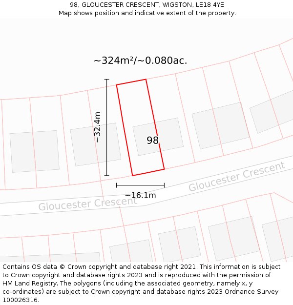 98, GLOUCESTER CRESCENT, WIGSTON, LE18 4YE: Plot and title map