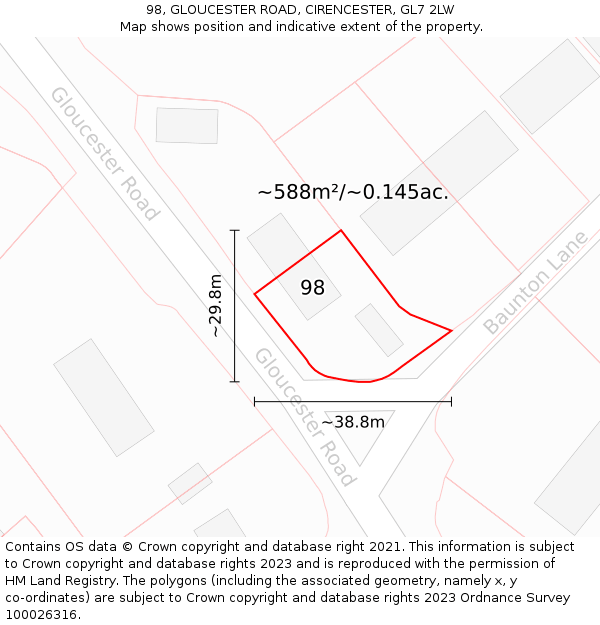 98, GLOUCESTER ROAD, CIRENCESTER, GL7 2LW: Plot and title map