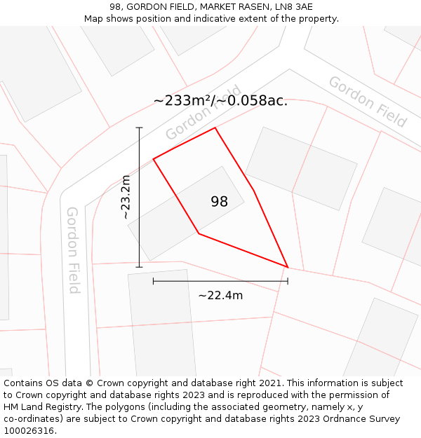 98, GORDON FIELD, MARKET RASEN, LN8 3AE: Plot and title map