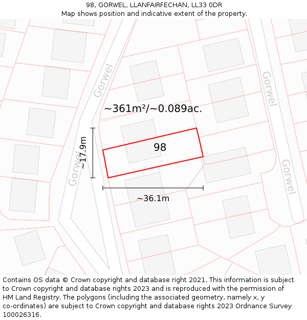 98, GORWEL, LLANFAIRFECHAN, LL33 0DR: Plot and title map