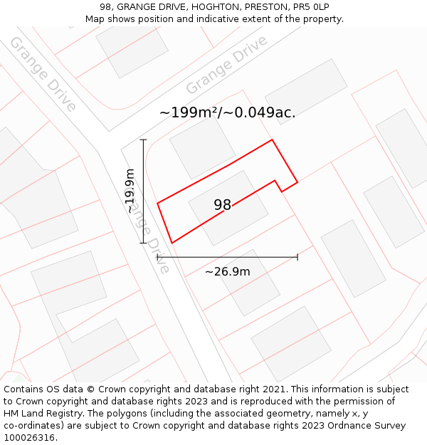 98, GRANGE DRIVE, HOGHTON, PRESTON, PR5 0LP: Plot and title map
