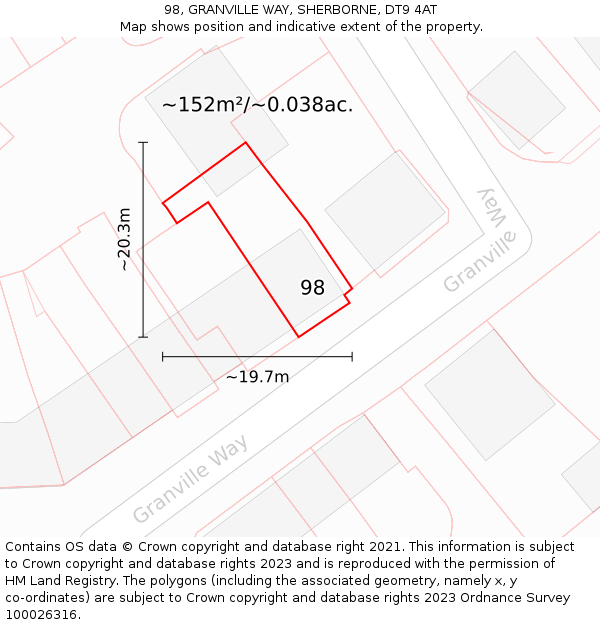 98, GRANVILLE WAY, SHERBORNE, DT9 4AT: Plot and title map