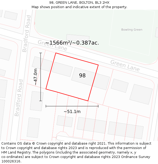98, GREEN LANE, BOLTON, BL3 2HX: Plot and title map