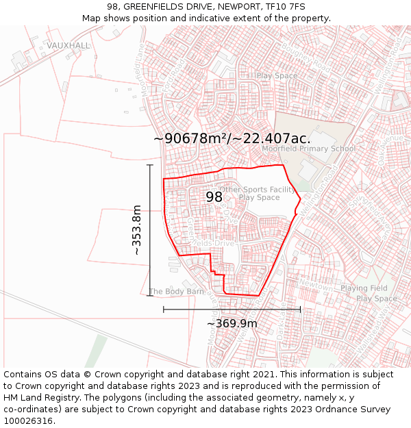 98, GREENFIELDS DRIVE, NEWPORT, TF10 7FS: Plot and title map
