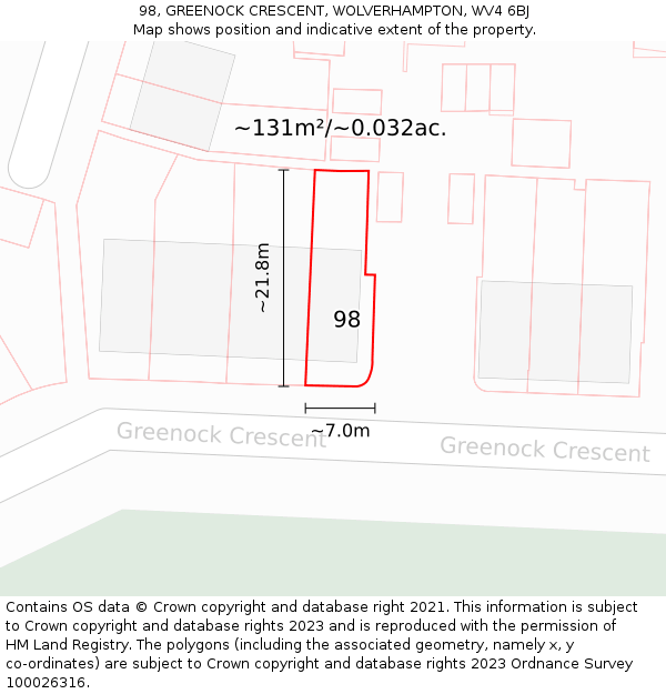 98, GREENOCK CRESCENT, WOLVERHAMPTON, WV4 6BJ: Plot and title map