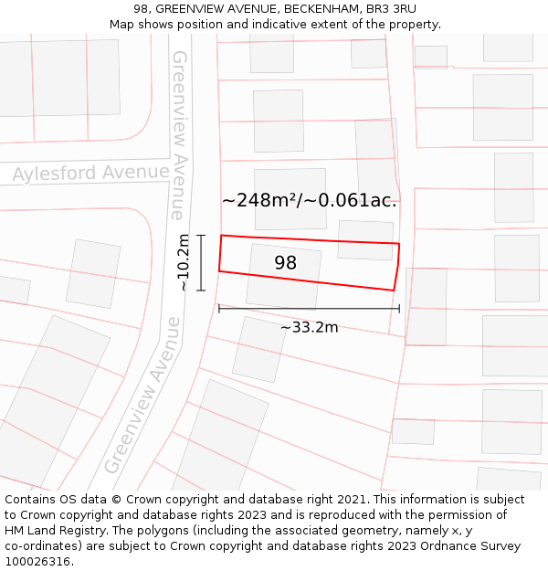98, GREENVIEW AVENUE, BECKENHAM, BR3 3RU: Plot and title map