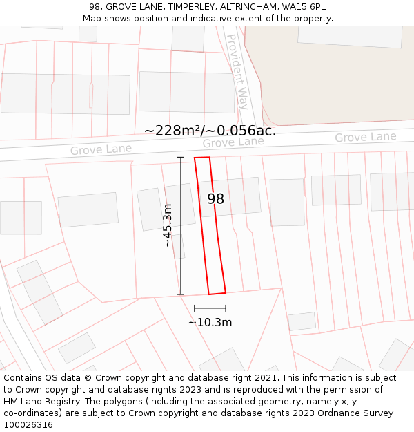 98, GROVE LANE, TIMPERLEY, ALTRINCHAM, WA15 6PL: Plot and title map