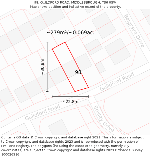 98, GUILDFORD ROAD, MIDDLESBROUGH, TS6 0SW: Plot and title map