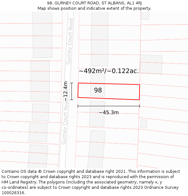 98, GURNEY COURT ROAD, ST ALBANS, AL1 4RJ: Plot and title map