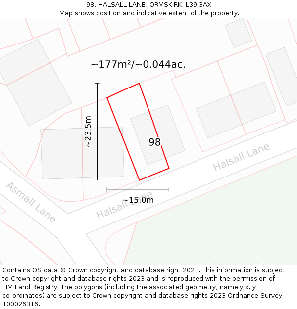 98, HALSALL LANE, ORMSKIRK, L39 3AX: Plot and title map